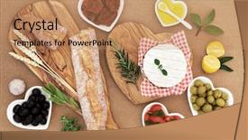  Presentation with camembert - Colorful slide deck enhanced with summer picnic food with camembert cheese olives sun dried and fresh tomatoes herbs lemon oil and garlic with french baguette on olive wood board backdrop and a coral colored foreground