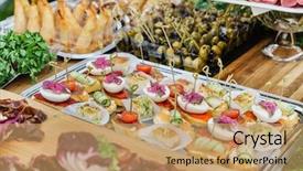  Presentation with functional food catering services - Slide deck enhanced with summer picnic party - catering food background and a coral colored foreground