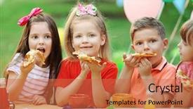  Presentation with pizza - Audience pleasing slide deck consisting of summer picnic party - children eating pizza in park backdrop and a red colored foreground