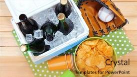  Presentation with color full - Slide set featuring summer picnic party - ice chest full of drinks background and a gold colored foreground