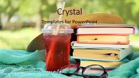  Presentation with tan book stack stacks of books - Colorful PPT theme enhanced with summer reading - books glasses hat and drink backdrop and a yellow colored foreground