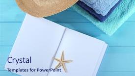  Presentation with reading table - Cool new slides with summer reading - vacation concept opened book pile backdrop and a sky blue colored foreground