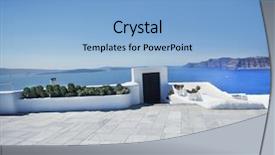  Presentation with view of the process - Audience pleasing slide deck consisting of summer resort - terrace on santorin island backdrop and a light blue colored foreground