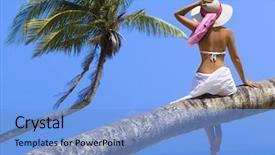  Presentation with palm beach - PPT layouts with summer resort - woman on the beach sitting background and a  colored foreground
