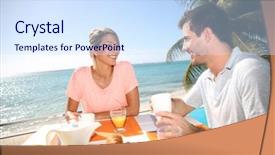 Presentation with luxury resort - Cool new PPT theme with summer resort - young married couple enjoying breakfast backdrop and a sky blue colored foreground
