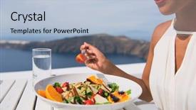  Presentation with healthy people - Cool new slide deck with food destination - restaurant woman eating salad luxury backdrop and a light blue colored foreground