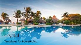  Presentation with mexico - Amazing PPT theme having paradise garden - tropical swimming pool at sunrise backdrop and a light blue colored foreground