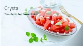  Presentation with feta cheese - Presentation with summer-salad-with-watermelon-feta background and a sky blue colored foreground