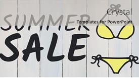  Presentation with yellow wood - Amazing PPT layouts having summer sale text and yellow bikini graphic against white wood panel backdrop and a light gray colored foreground