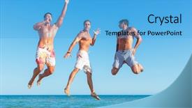  Presentation with virile young men - Audience pleasing PPT layouts consisting of summer season - three young muscular men jumping backdrop and a  colored foreground