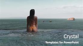  Presentation with swimming pool - Colorful theme enhanced with summer sizzle - beautiful young woman sunbathing backdrop and a gray colored foreground