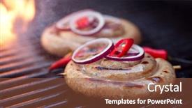  Presentation with cookout bbq grill and glowing - Presentation theme consisting of summer sizzle - cumberland sausage spiral pork sausage background and a tawny brown colored foreground