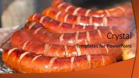  Presentation with sausages - PPT theme having summer sizzle - grilled sausages on the barbecue background and a red colored foreground