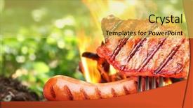 Presentation with bonfire - Audience pleasing PPT theme consisting of summer sizzle - sausage and steak backdrop and a yellow colored foreground