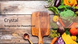  Presentation with healthy nutrition - Cool new PPT theme with assortment of raw vegetables and vintage wooden kitchen utensils on wooden background organic healthy nutrition concept top view with copy space backdrop and a coral colored foreground