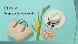  Presentation with blue flower - Cool new slide deck with summer-straw-handbag-with-hat backdrop and a light blue colored foreground