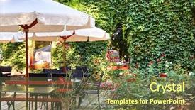  Presentation with green city - Cool new theme with summer street cafe interior backdrop and a tawny brown colored foreground