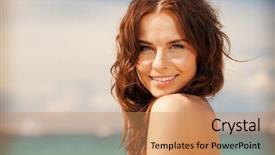  Presentation with summer sun - Cool new theme with summer sun - bright picture of beautiful woman backdrop and a coral colored foreground