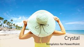  Presentation with vacation - PPT theme with summer sun - happy beautiful woman background and a coral colored foreground