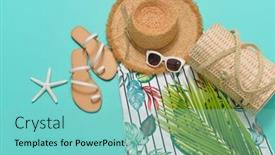  Presentation with blue floral - Slide set consisting of summer sundress with floral pattern with palm leaf with hat handbag starfish shoes sunglasses -blue background background and a seafoam green colored foreground