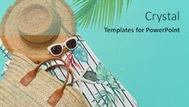  Presentation with blue floral - Beautiful PPT layouts featuring summer sundress with floral pattern with palm leaf with hat handbag-blue background backdrop and a seafoam green colored foreground