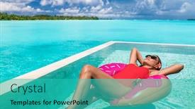  Presentation with luxury resort - Slides enhanced with summer-swimming-pool-woman-relaxing background and a teal colored foreground