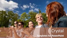  Presentation with technology students - Beautiful slide set featuring summer technology education and teenage concept - group of happy students or teenagers with smarphones taking selfie and texting messages at campus backdrop and a coral colored foreground