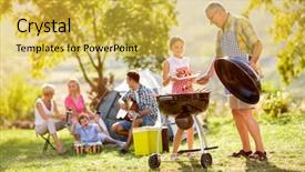  Presentation with barbecue - Slide deck consisting of summer time bbq - granddaughter making barbecue with grandfather background and a yellow colored foreground