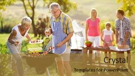  Presentation with help family - Amazing PPT theme having summer time bbq - grandmother help grandfather baked backdrop and a gold colored foreground