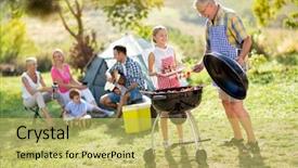  Presentation with happy barber client - Slides with summer time bbq - happy grandfather and granddaughter making background and a yellow colored foreground