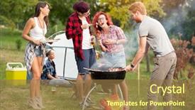  Presentation with summer camp group of diverse - Presentation theme consisting of summer time bbq - man gives grilled skewers background and a coral colored foreground