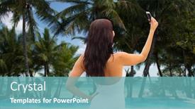  Presentation with tourism selfie - Theme with summer travel tourism technology and people concept - sexy young woman taking selfie with smartphone over resort beach with palms and swimming pool background background and a teal colored foreground