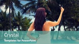  Presentation with tourism selfie - Theme with summer travel tourism technology and people concept - sexy young woman taking selfie with smartphone over resort beach with palms and swimming pool background background and a teal colored foreground