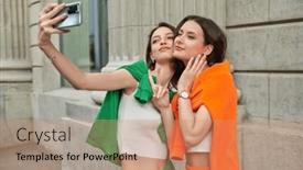  Presentation with faces - Presentation theme enhanced with summer-vacation-cheerful-girls-friends background and a coral colored foreground