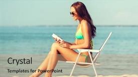  Presentation with lounge - Slide deck featuring summer vacation holidays and people concept - smiling young woman sunbathing in lounge on beach background and a coral colored foreground