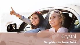  Presentation with girls trip - PPT theme enhanced with summer vacation holidays travel road trip and people concept - happy teenage girls or young women sitting in car at seaside and pointing finger to something background and a coral colored foreground