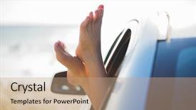  Presentation with road trip - Presentation theme having summer vacation holidays travel road trip and people concept - close up of young woman feet showing from car window background and a coral colored foreground