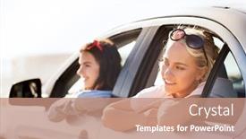  Presentation with girls trip - Cool new slide set with summer vacation holidays travel road trip and people concept - happy teenage girls or young women in car at seaside backdrop and a coral colored foreground