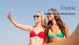  Presentation with women making - Theme consisting of summer vacation holidays travel technology and people concept - two smiling young women on beach making selfie with smartphone over blue sky background background and a light blue colored foreground