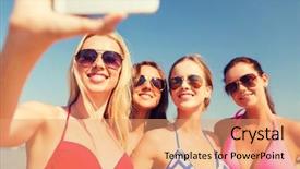  Presentation with women making - PPT theme enhanced with summer vacation holidays travel technology and people concept- group of smiling young women on beach making selfie with smartphone over blue sky background background and a coral colored foreground
