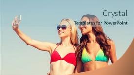  Presentation with women making - PPT theme with summer vacation holidays travel technology and people concept - two smiling young women on beach making selfie with smartphone over blue sky background background and a light blue colored foreground