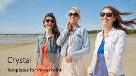  Presentation with casual young people - PPT theme featuring summer vacation holidays travel and people concept - group of smiling young women in sunglasses and casual clothes walking along beach background and a coral colored foreground