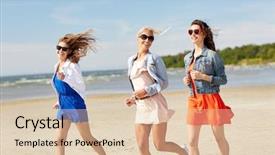  Presentation with casual young people - PPT theme consisting of summer vacation holidays travel and people concept - group of smiling young women in sunglasses and casual clothes running along beach background and a lemonade colored foreground