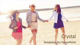  Presentation with casual young people - PPT layouts enhanced with summer vacation holidays travel and people concept - group of smiling young women in sunglasses and casual clothes running along beach background and a lemonade colored foreground