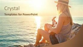  Presentation with ukulele - PPT theme with summer-vacation-smellingcaucasian-women-relaxing background and a cream colored foreground