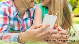  Presentation with vacation - PPT layouts with summer vacation technology and people concept - close up of smiling couple with smartphone and earphones listening to music in park background and a coral colored foreground