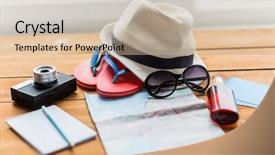  Presentation with personal - Presentation design featuring summer vacation tourism and objects concept - close up of travel map airplane tickets money and personal accessories background and a soft green colored foreground