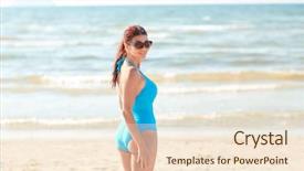  Presentation with tourism - Theme consisting of summer vacation tourism travel holidays and people concept -young woman in swimsuit walking on beach from back background and a cream colored foreground