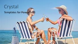  Presentation with beer women - Beautiful PPT theme featuring summer vacation travel and people concept - happy women drinking beer and sunbathing in lounges on beach backdrop and a light blue colored foreground