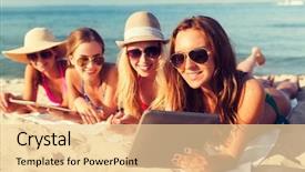  Presentation with computers - Presentation design enhanced with summer vacation travel technology and people concept - group of smiling women in sunglasses with tablet pc computers lying on beach background and a lemonade colored foreground